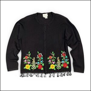Just B Embroidered Beaded Black Cardigan Sweater L Floral Fringe Art Maximalist